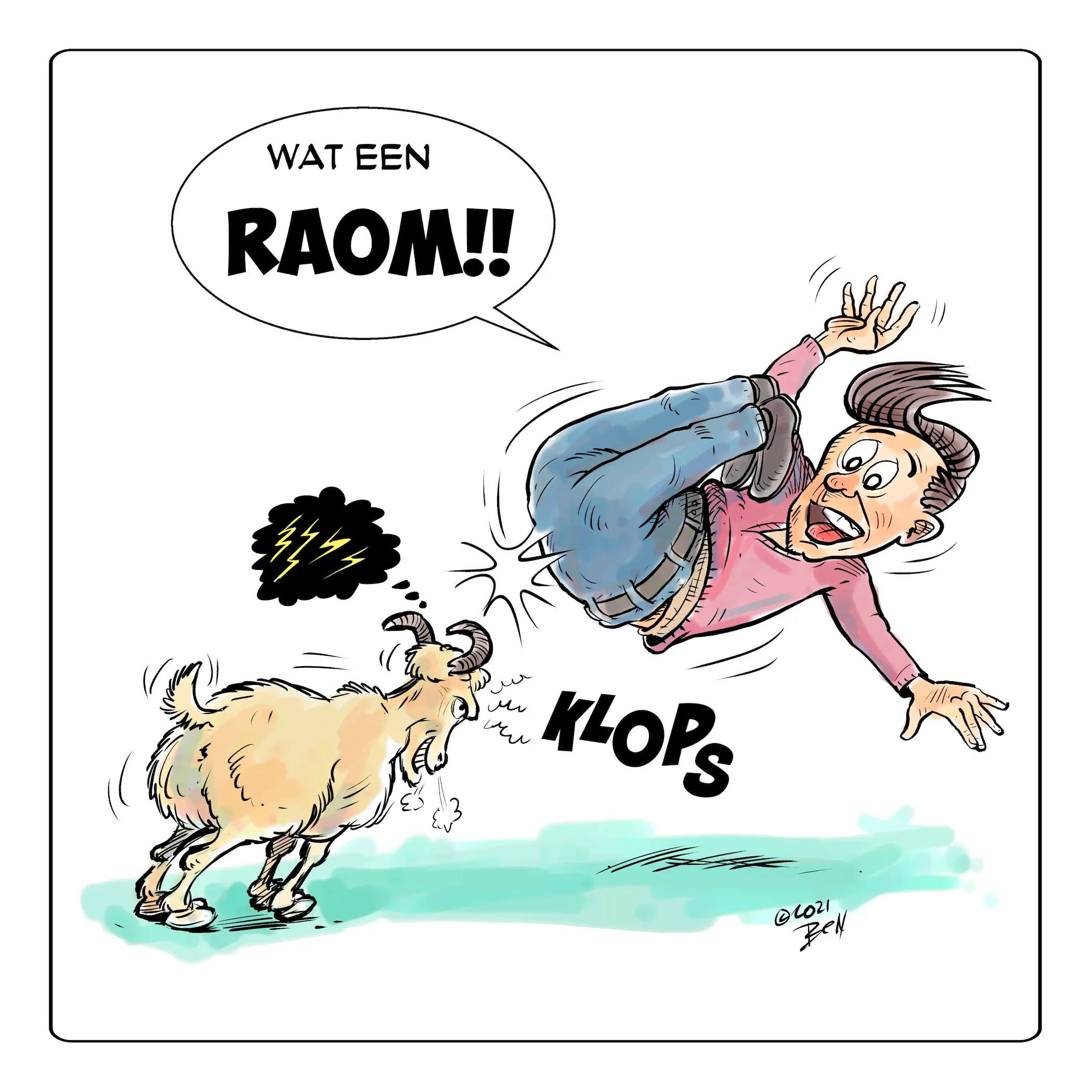 Cartoon: een geit knalt iemand omver — "Wat een raom!!"